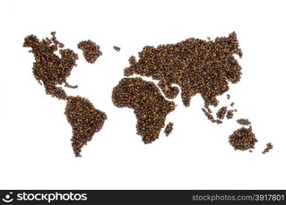 World map filled with coffee beans isolated on white background