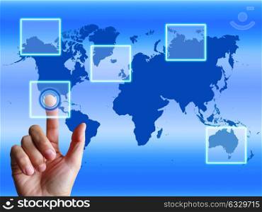 World Map Finger Showing Worldwide Communication And Global Cyberspace