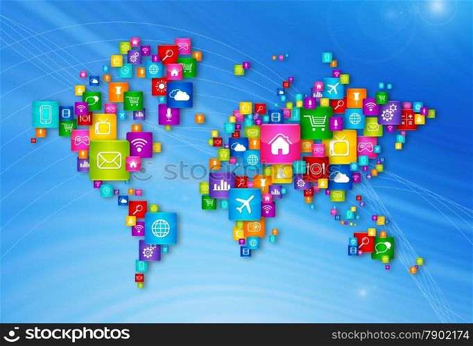 World Map Flying Desktop Icons collection. Cloud Computing concept. World Map Flying Desktop Icons collection