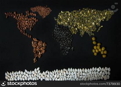 World map from different seed: walnut, olives, flaxseed, pumpkin seed on black background. World map from different seed: