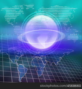 world map illustration with communication and technology symbols