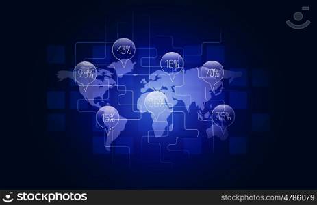 World map infographics. Glowing world map and statistics data on blue background
