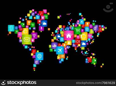 World Map made of Flying Desktop Icons. Cloud Computing concept. World Map made of Flying Desktop Icons