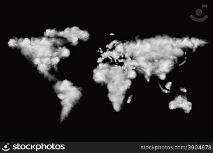 world map made of white puffy clouds isolated on black background. world map made of white clouds isolated on black