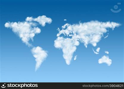 world map made of white puffy clouds on blue sky. world map made of white clouds on sky