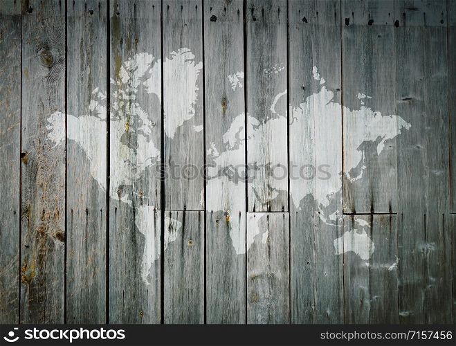 World map on a vintage wooden wall. World map on a wooden wall