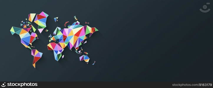 World map shape made of colorful polygons. 3D illustration isolated on a black background. Horizontal banner. World map shape made of colorful polygons. 3D illustration on a black background. Horizontal banner