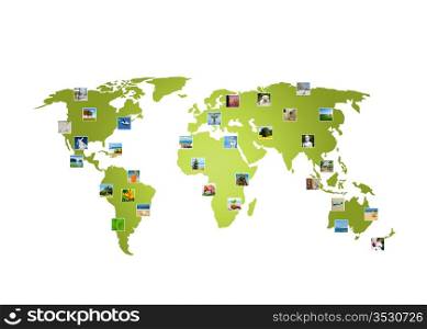World map with several photos of travel destinations.