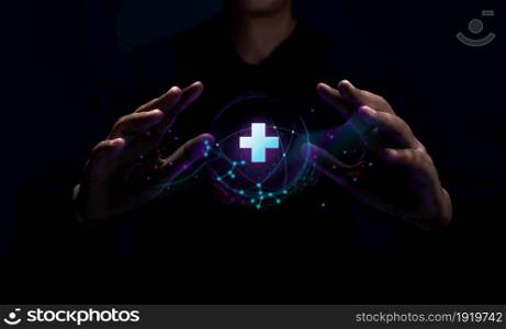 World Medical Innovation Technology Concepts.Hospital and Health Care Virtual Network. Person Levitating a Digital and Futuristic Graphic by Hands