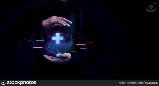 World Medical Innovation Technology Concepts.Hospital and Health Care Virtual Network. Person Levitating a Digital and Futuristic Graphic by Hands