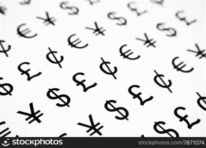 world money symbol pattern, yen, euro, pound, cent and dollar