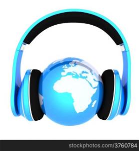 World music 3D render of planet Earth with headphones on a white background