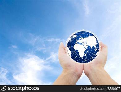 World nature, care protection environment concept, hand holding globe with social network connection, Element of this image furnished by NASA
