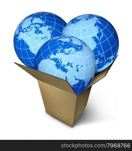 World parcel shipping and international package delivery business concept with an open cardboard box containing three global spheres of Asia North America and Europe on a white background.
