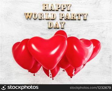 World Party Day greeting card. Isolated background, close-up, view from above, wooden surface. Congratulations for relatives, friends and colleagues. World Party Day greeting card. Close up