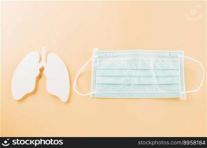World TB Day. Overhead lungs paper symbol and facial medical face mask on pastel background, lung cancer awareness, copy space concept of world tuberculosis day, banner background