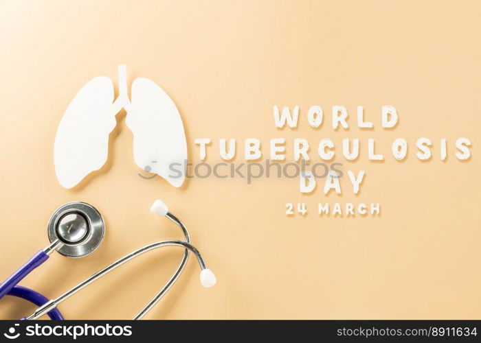 World TB Day. Top view of lungs paper symbol and medical stethoscope on pastel background, copy space, lung cancer awareness, concept of world tuberculosis day, banner background, pneumonia