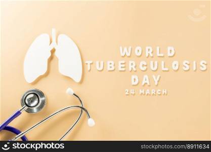 World TB Day. Top view of lungs paper symbol and medical stethoscope on pastel background, copy space, lung cancer awareness, concept of world tuberculosis day, banner background, pneumonia