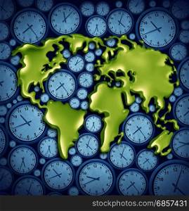 World time zones business travel concept as a planet on different clock icons as a symbol for international traveling with 3D illustration elements.