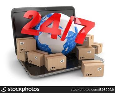 World wide delivering. Earth and boxes on laptop. 24/7. 3d