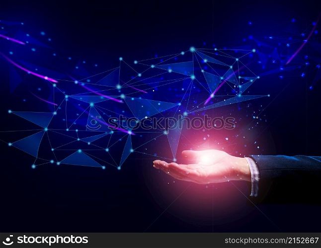 world wide web internet with connections and female hand. Wireless coverage of the planet. Quick information exchange