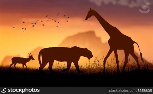 World Wildlife Day  Groups of wild beasts were gathered in large herds in the open field in the evening when the golden sun was shining.
