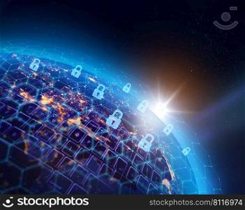 Worldwide digital data security network infrastructure, data breach concept. Some elements of the image furnished by NASA.