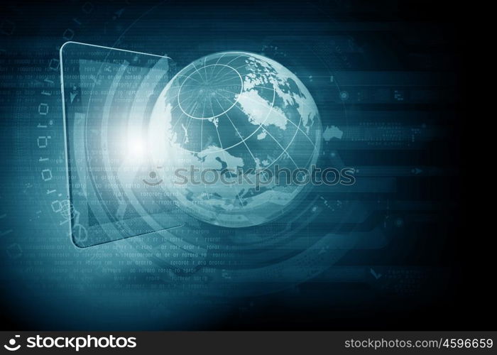 Worldwide media technologies. Global connection concept with tablet pc and digital Earth planet