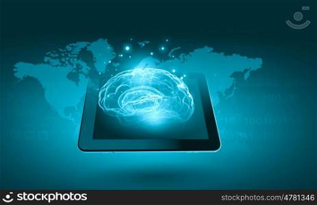 Worldwide media technologies. Global connection concept with tablet pc and digital human brain