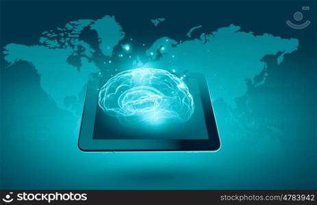 Worldwide media technologies. Global connection concept with tablet pc and digital human brain