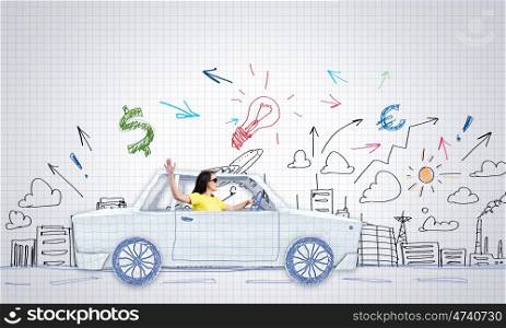 Worldwide traveling. Young woman riding car made of list of paper