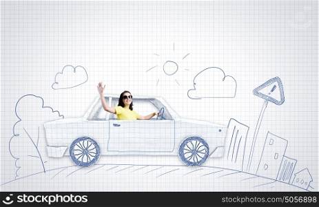 Worldwide traveling. Young woman riding car made of list of paper