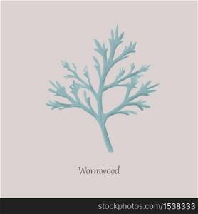Wormwood is a perennial herb with a strong aroma. Medical therapeutic plant on a gray background and logo.. Wormwood is a perennial herb with a strong aroma.