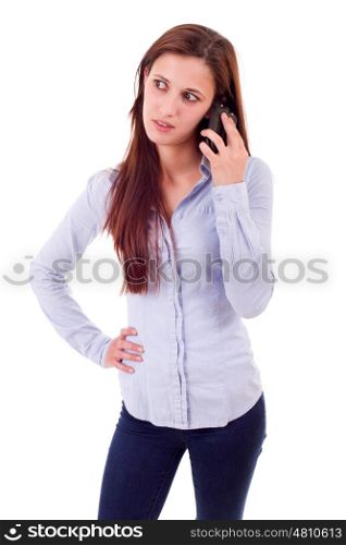 worried beautiful woman at the phone, isolated over a white background