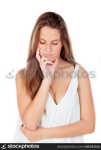 Worried blonde woman isolated on a white background