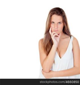 Worried blonde woman isolated on a white background