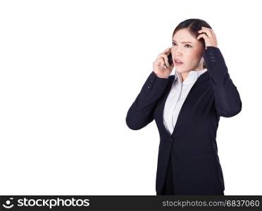 worried business woman talking on smartphone isolated on white background