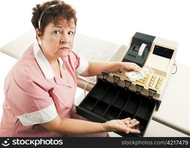 Worried cashier with a nearly empty cash register. White background.