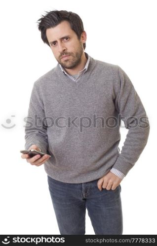 worried casual man with a phone, isolated