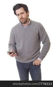 worried casual man with a phone, isolated