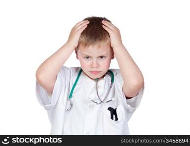 Worried child with doctor uniform isolated on white