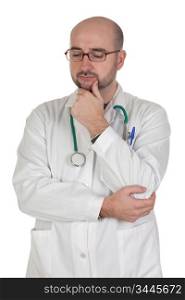 Worried doctor with pensive gesture isolated on white background