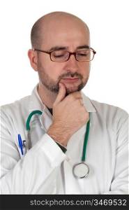Worried doctor with pensive gesture isolated on white background