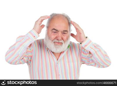 Worried elderly man crying isolated on a white background