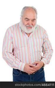 Worried elderly man with stomach pain isolated on a white background