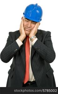 worried engineer with blue hat, isolated on white