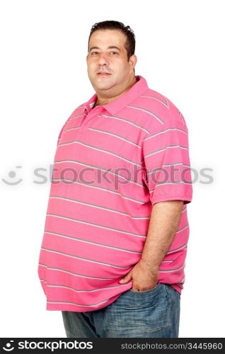 Worried fat man with pink shirt isolated on white background