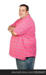Worried fat man with pink shirt isolated on white background