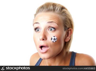 Worried football fan, cute girl with face paint, expressing surprised emotions, shocked and disappointed female watching ball competition, sport team supporter, young woman having fun