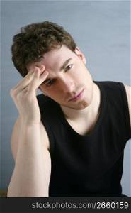 worried gesture pain young man stressed headache portrait